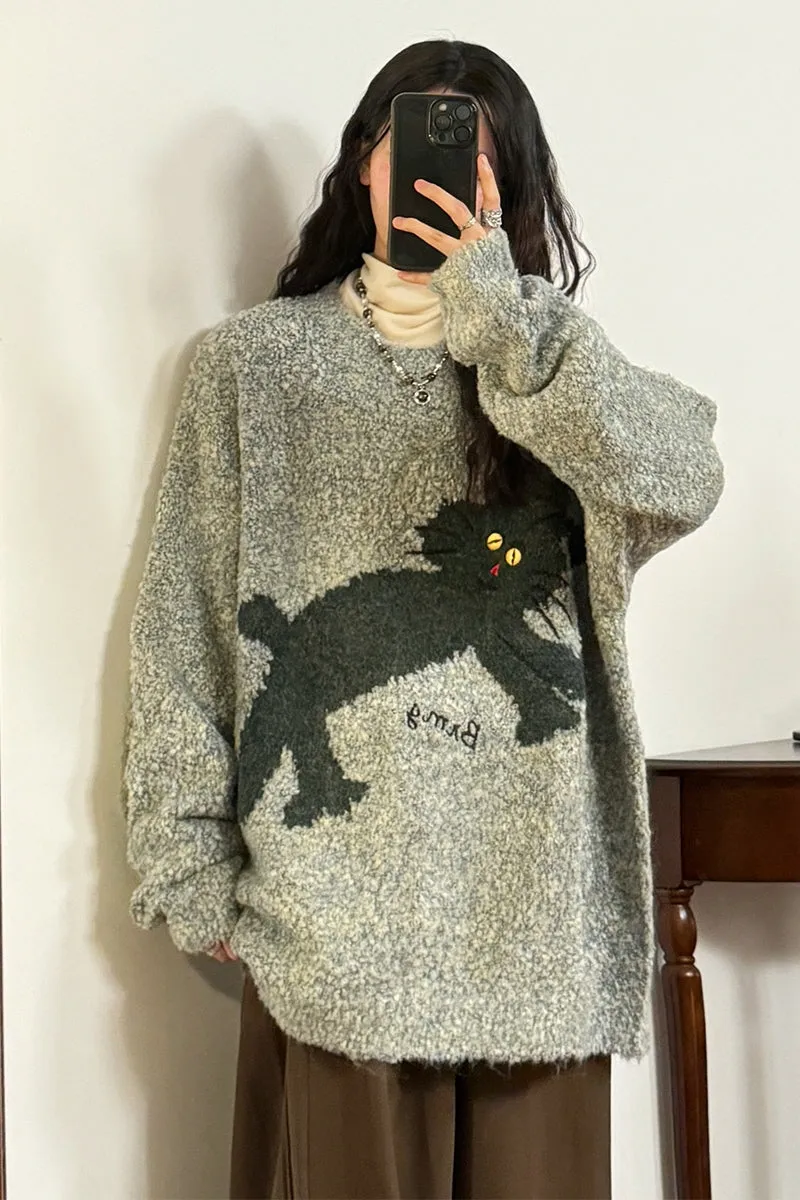 American Retro Loose Fun Bunny Knit Plush Crew Neck Sweater