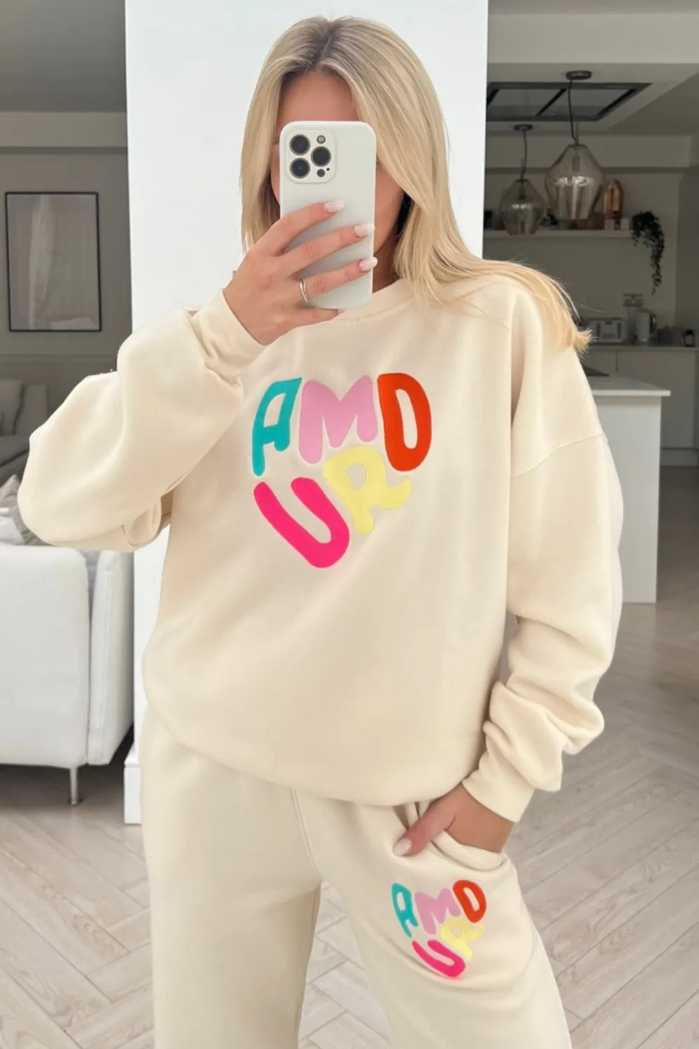Amour ecru embroidered jogger sweater loungewear set