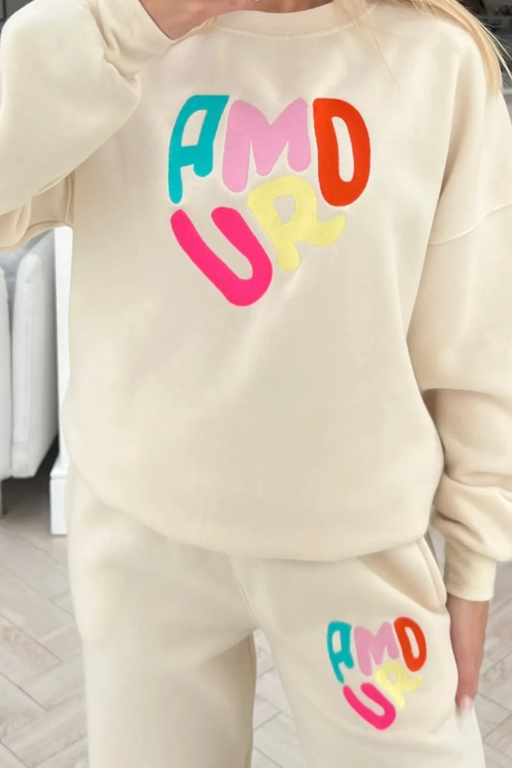 Amour ecru embroidered jogger sweater loungewear set