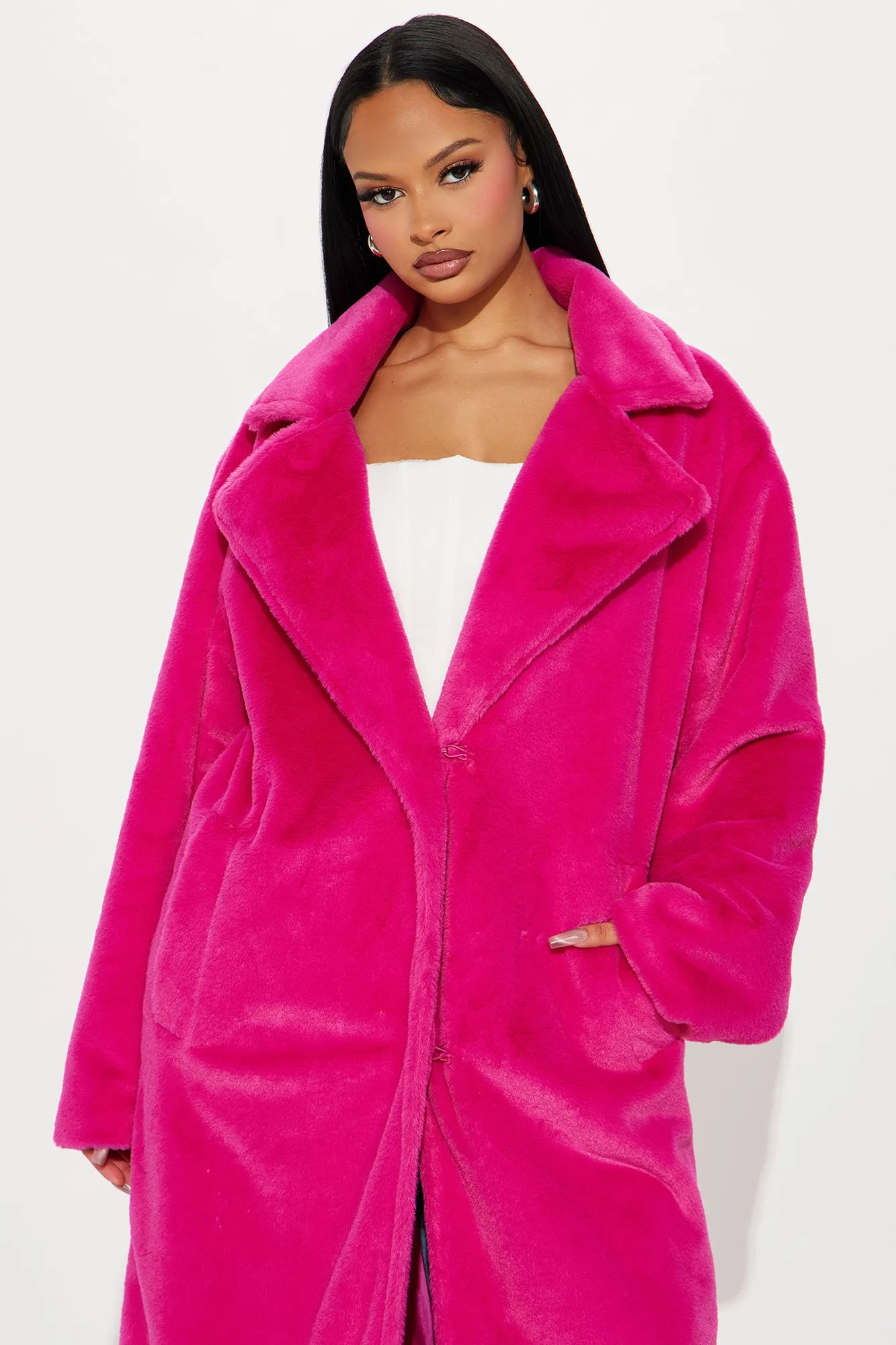 Ashley Faux Fur Trench Coat - Fuchsia