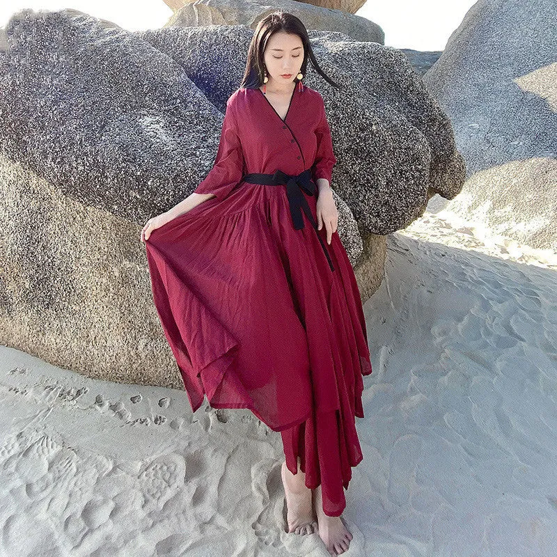 Big Swing Literary Retro French V-neck Swing Dress
