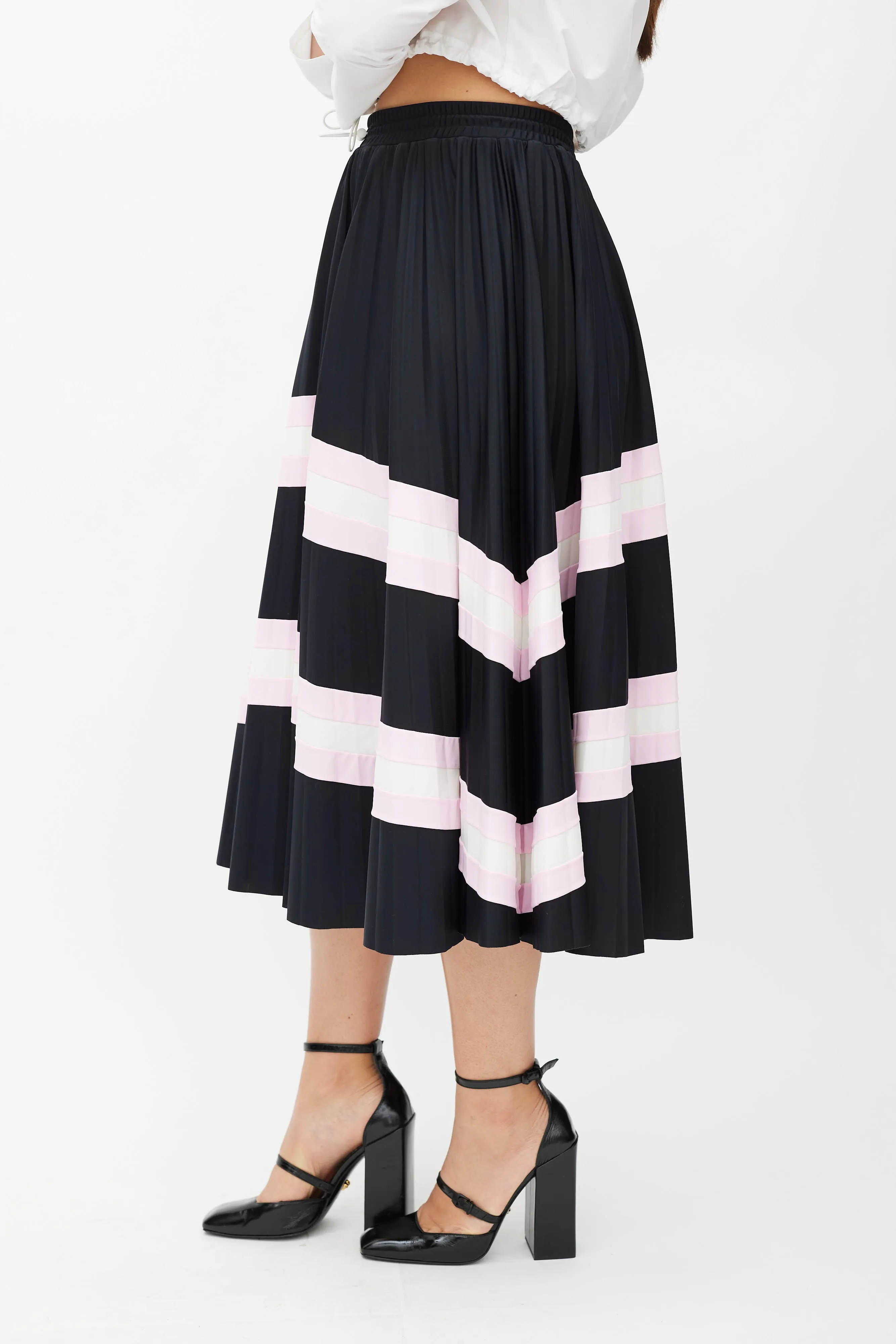 Black & Multicolour Stripe Pleated Skirt