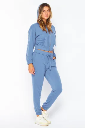 Blue Iris French Terry Cropped Zip-up Hoodie Jogger Set
