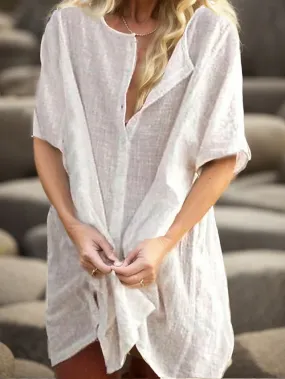 Casual Dress Shirt Dress Cotton Linen Dress Mini Dress Blue Purple Pink Short Sleeve Pure Color Spring Summer V Neck Beach Basic Daily Weekend Loose Fit Linen S M L XL XXL 3XL for Women