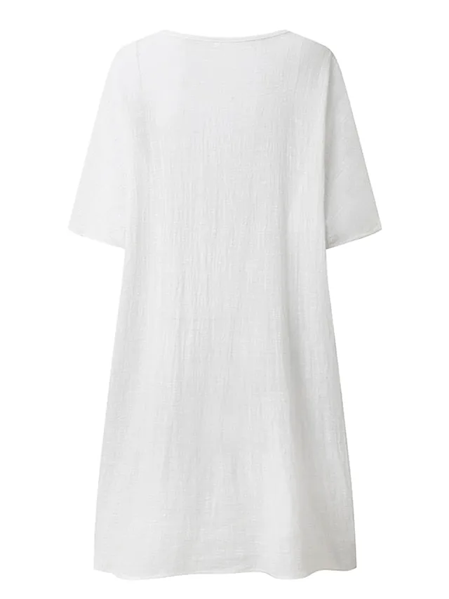 Casual Dress Shirt Dress Cotton Linen Dress Mini Dress Blue Purple Pink Short Sleeve Pure Color Spring Summer V Neck Beach Basic Daily Weekend Loose Fit Linen S M L XL XXL 3XL for Women