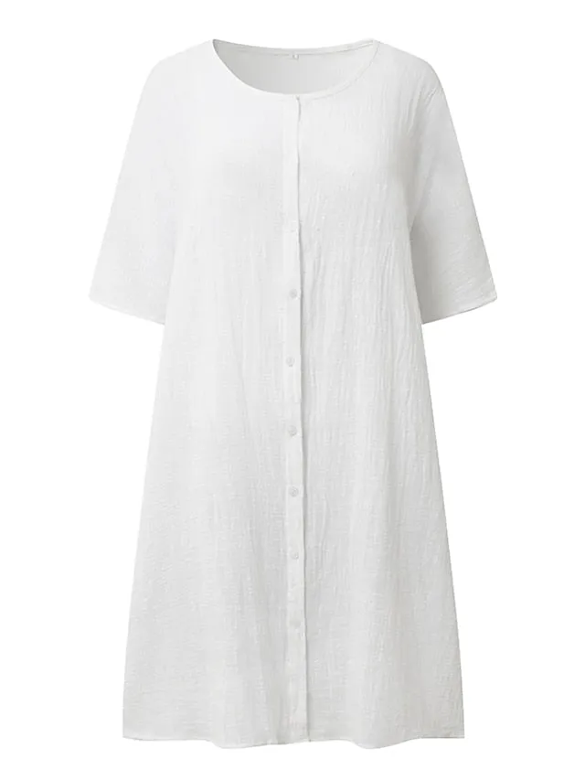 Casual Dress Shirt Dress Cotton Linen Dress Mini Dress Blue Purple Pink Short Sleeve Pure Color Spring Summer V Neck Beach Basic Daily Weekend Loose Fit Linen S M L XL XXL 3XL for Women
