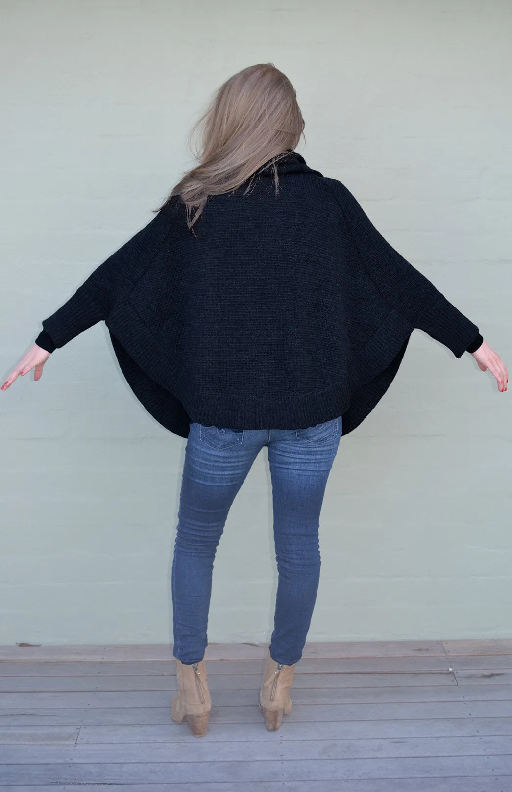 Classic Knitted Cowl Neck Poncho with Sleeves