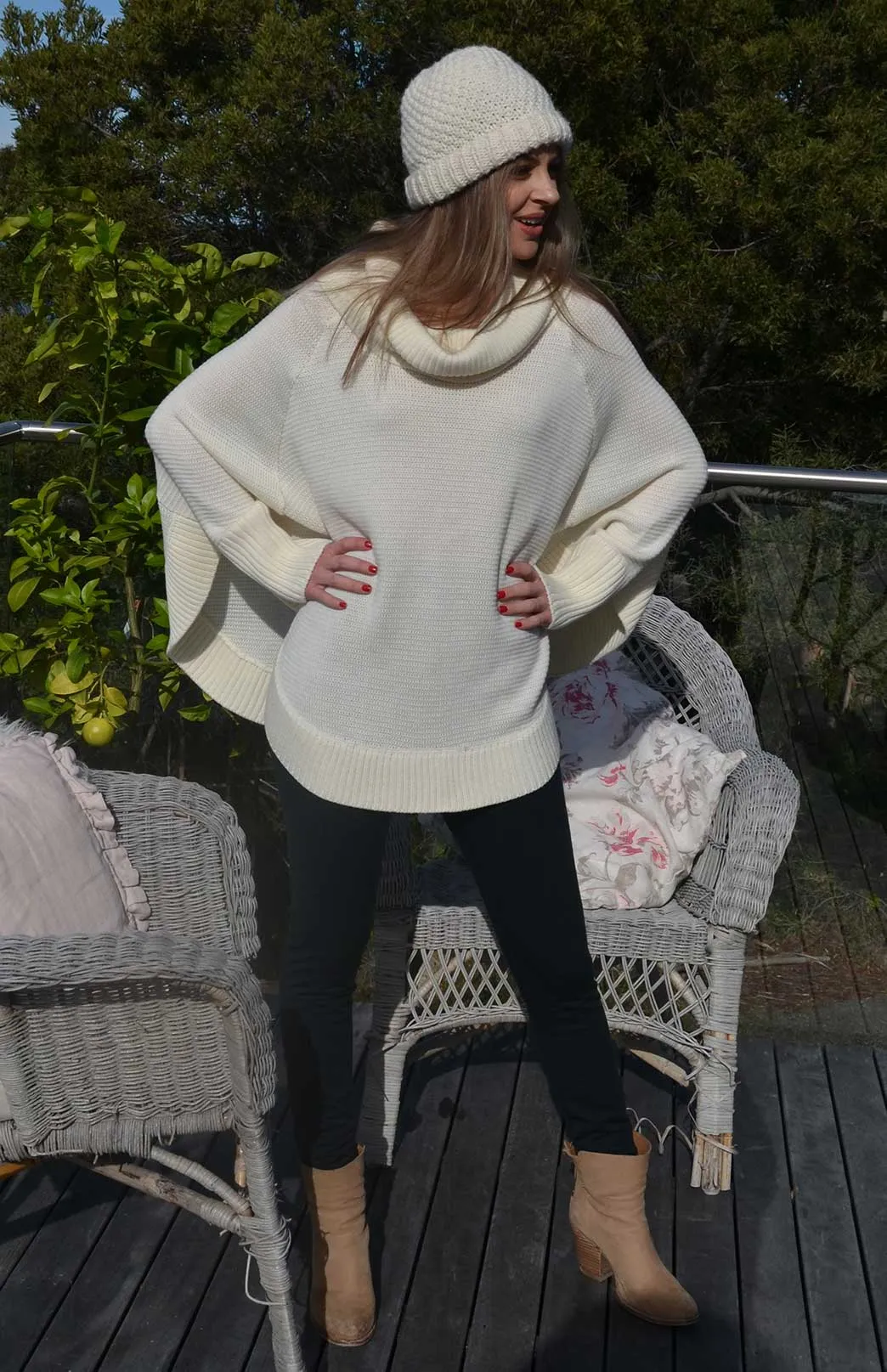 Classic Knitted Cowl Neck Poncho with Sleeves