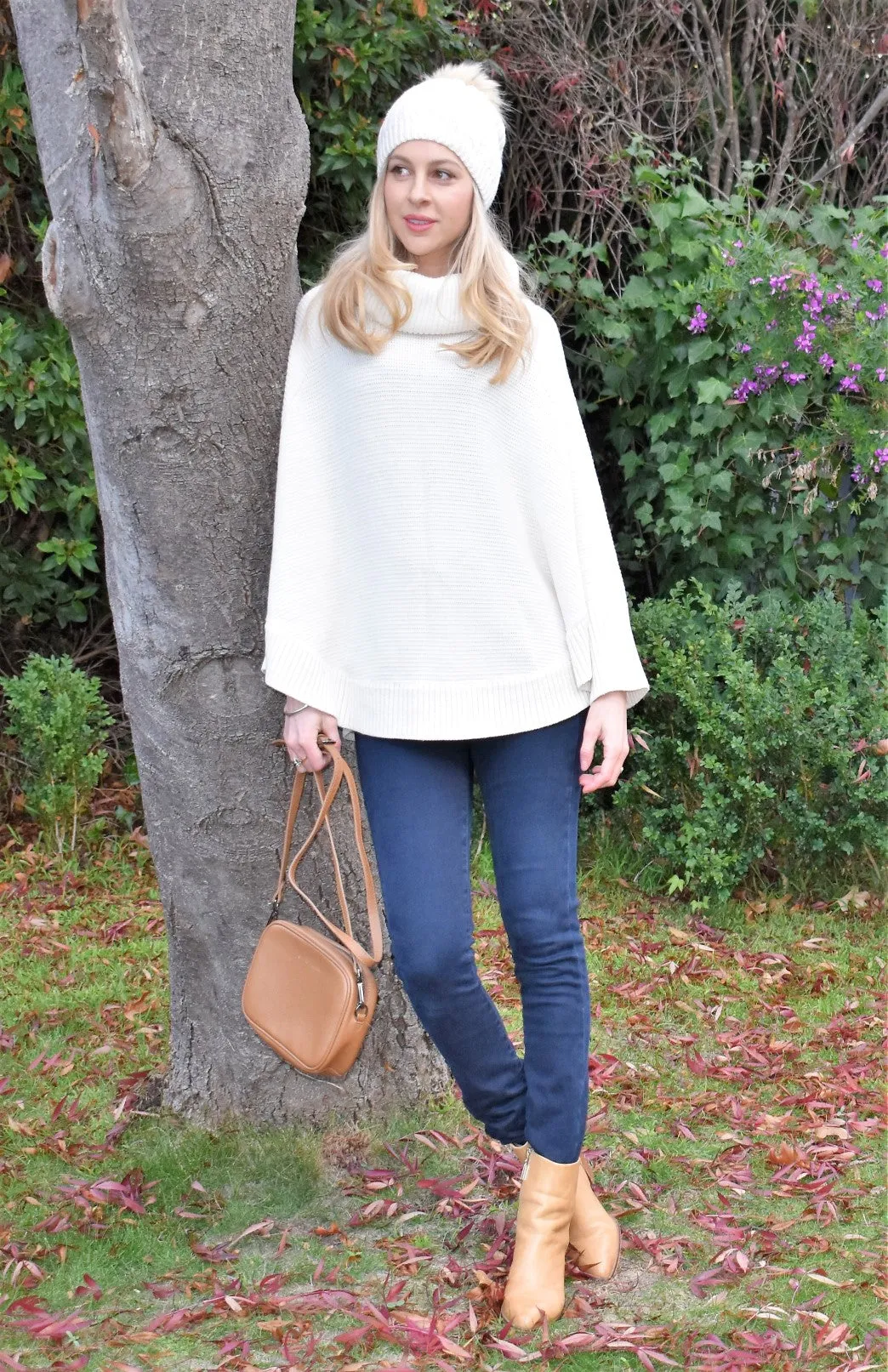 Classic Knitted Cowl Neck Poncho with Sleeves