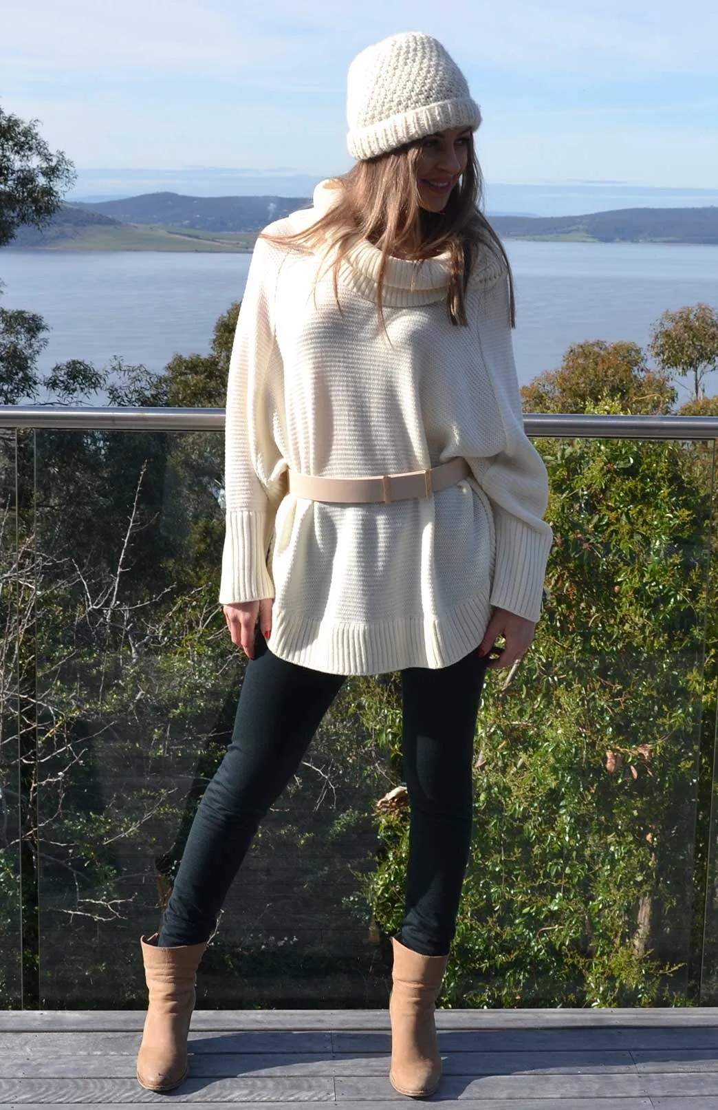 Classic Knitted Cowl Neck Poncho with Sleeves