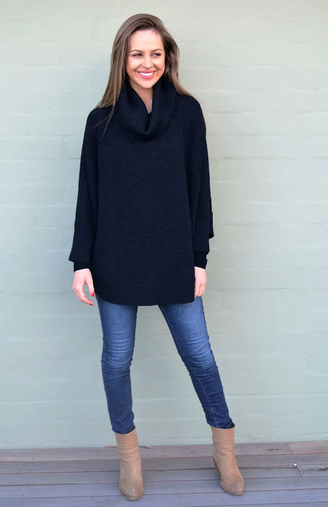 Classic Knitted Cowl Neck Poncho with Sleeves