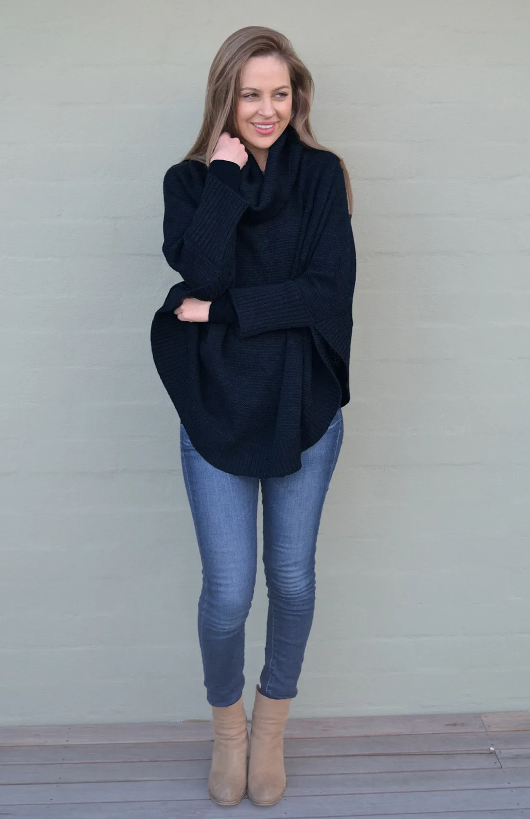 Classic Knitted Cowl Neck Poncho with Sleeves