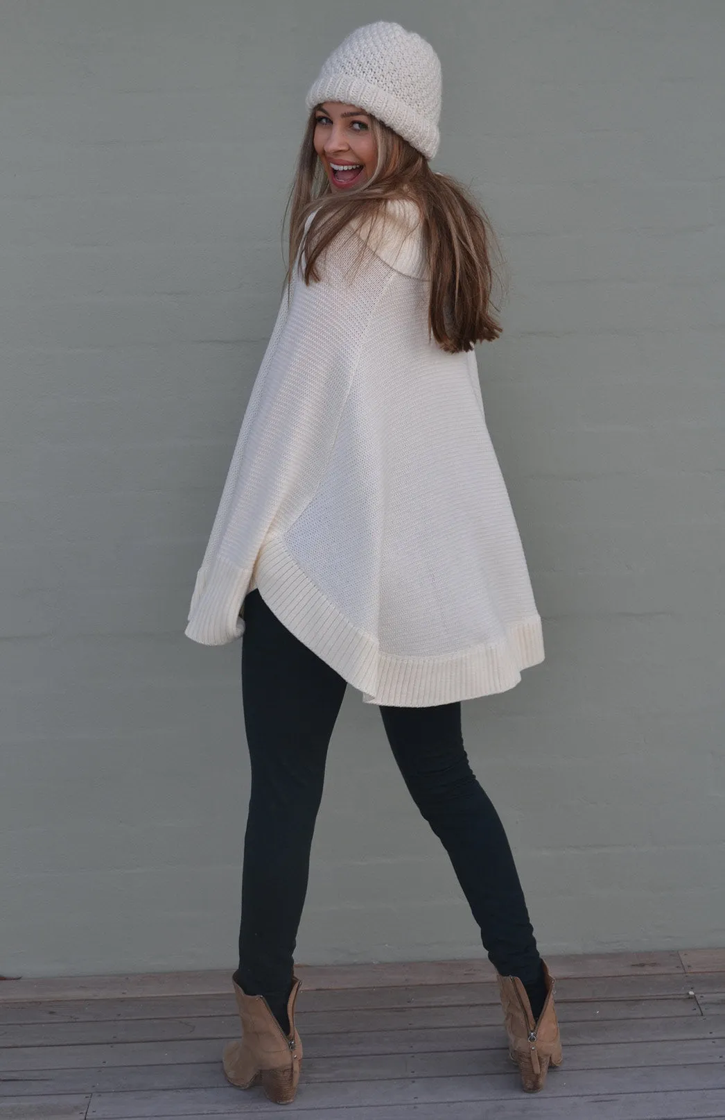 Classic Knitted Cowl Neck Poncho with Sleeves