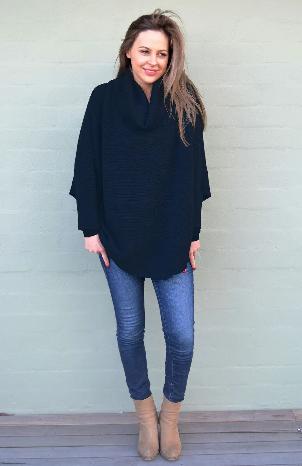 Classic Knitted Cowl Neck Poncho with Sleeves