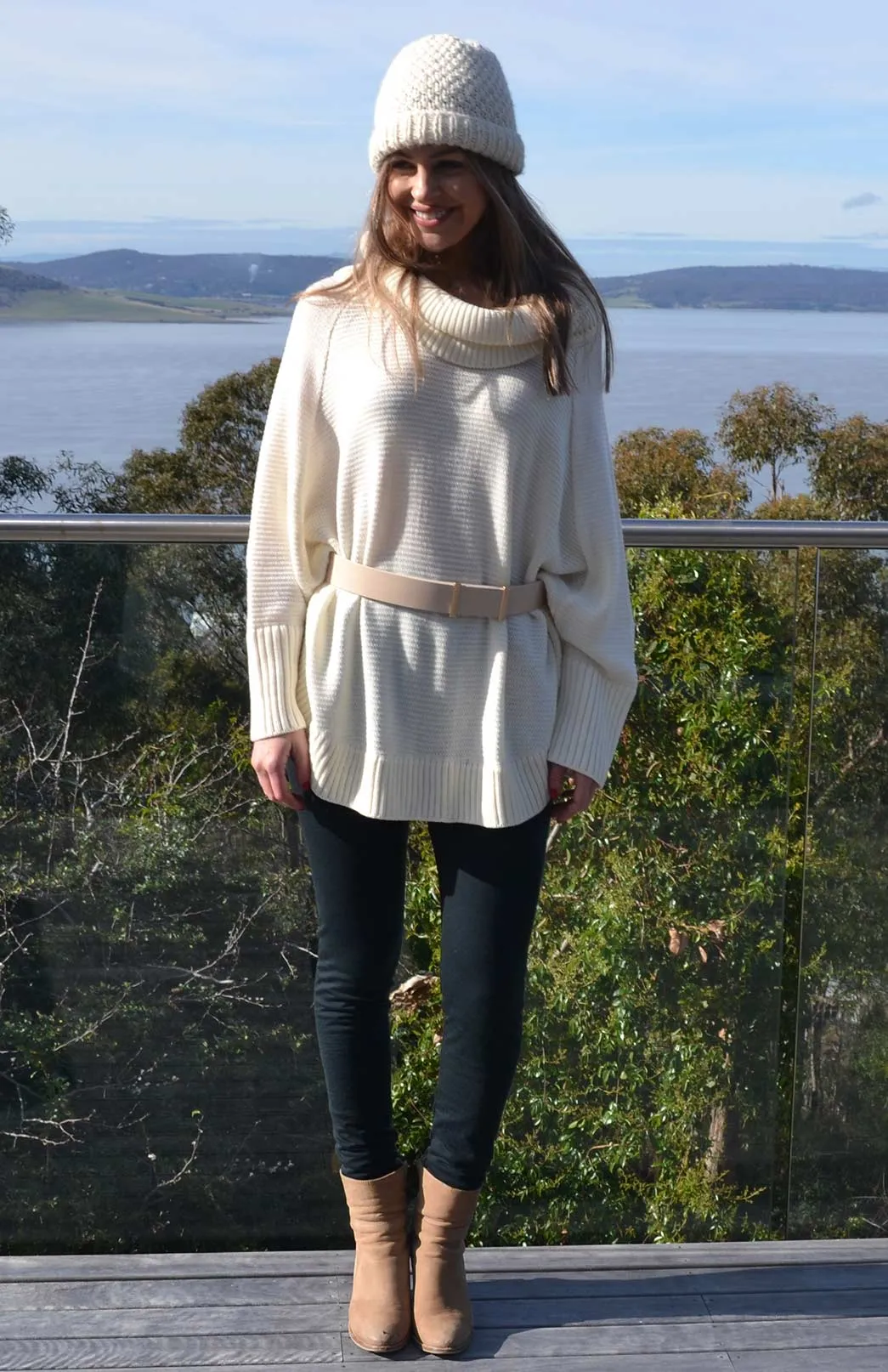 Classic Knitted Cowl Neck Poncho with Sleeves
