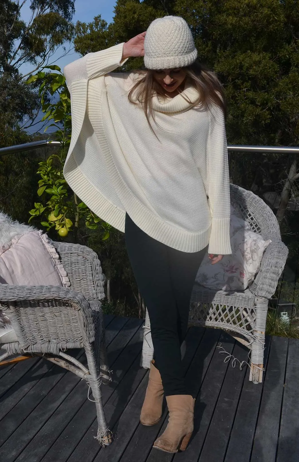 Classic Knitted Cowl Neck Poncho with Sleeves