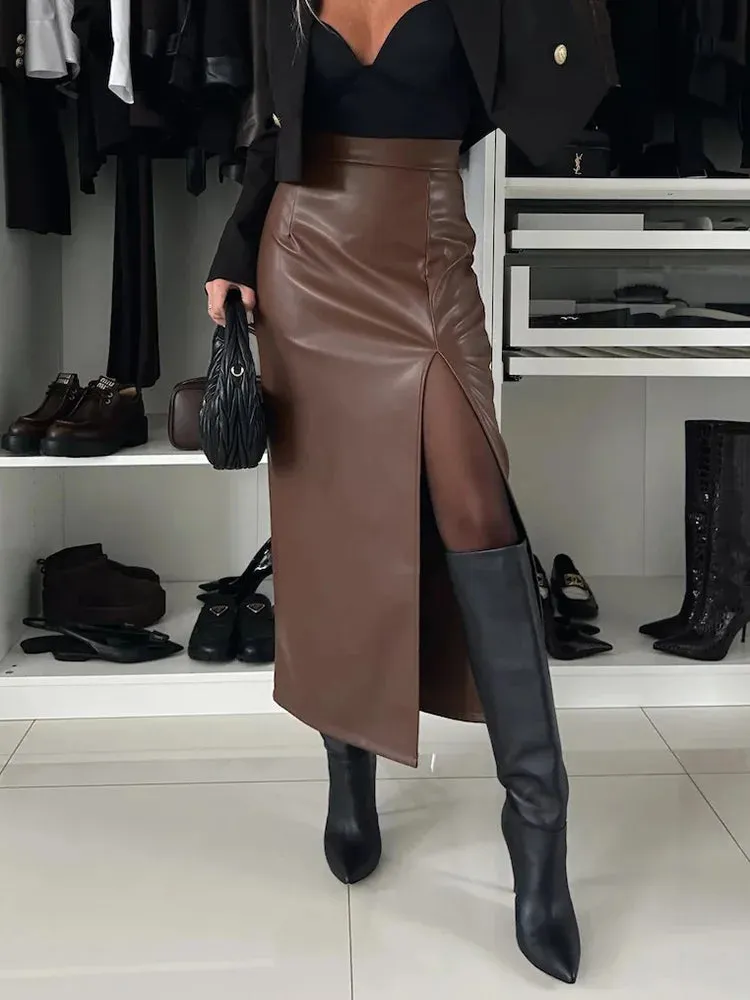 Elegant Women's Winter PU Leather Maxi Skirts with Ankle-Length Slim Fit for Casual Style