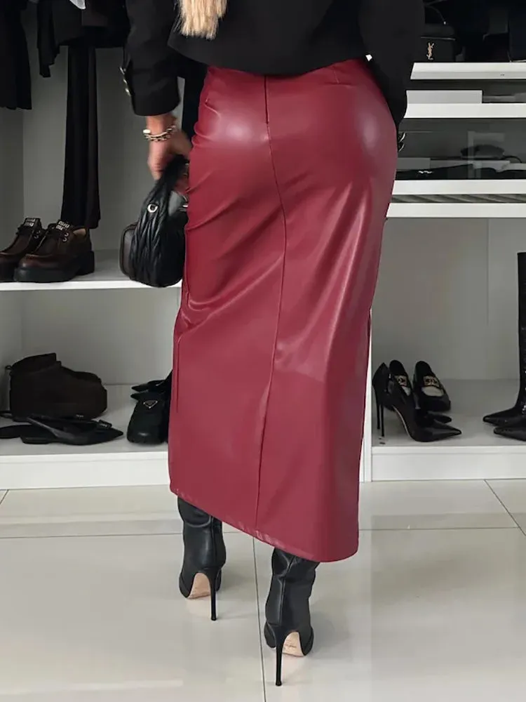 Elegant Women's Winter PU Leather Maxi Skirts with Ankle-Length Slim Fit for Casual Style