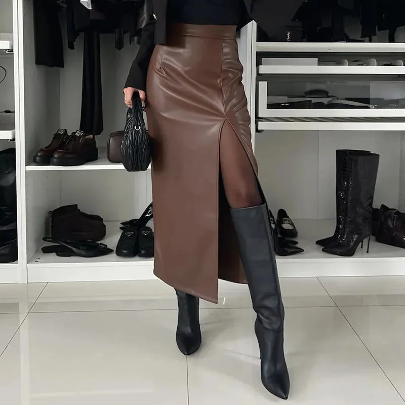 Elegant Women's Winter PU Leather Maxi Skirts with Ankle-Length Slim Fit for Casual Style