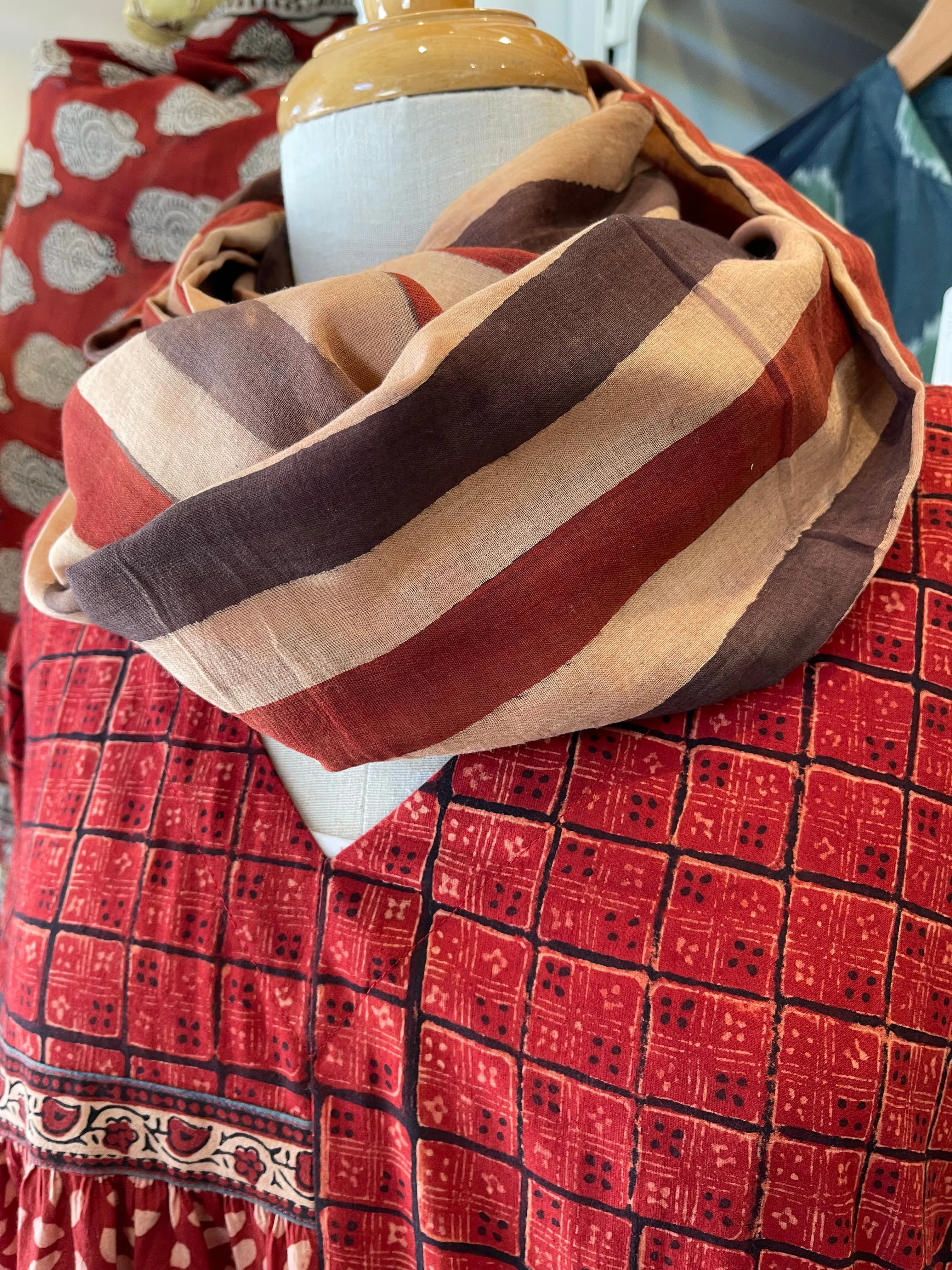 Fine Muslin Ajrakh Neck Warmer - Stripe