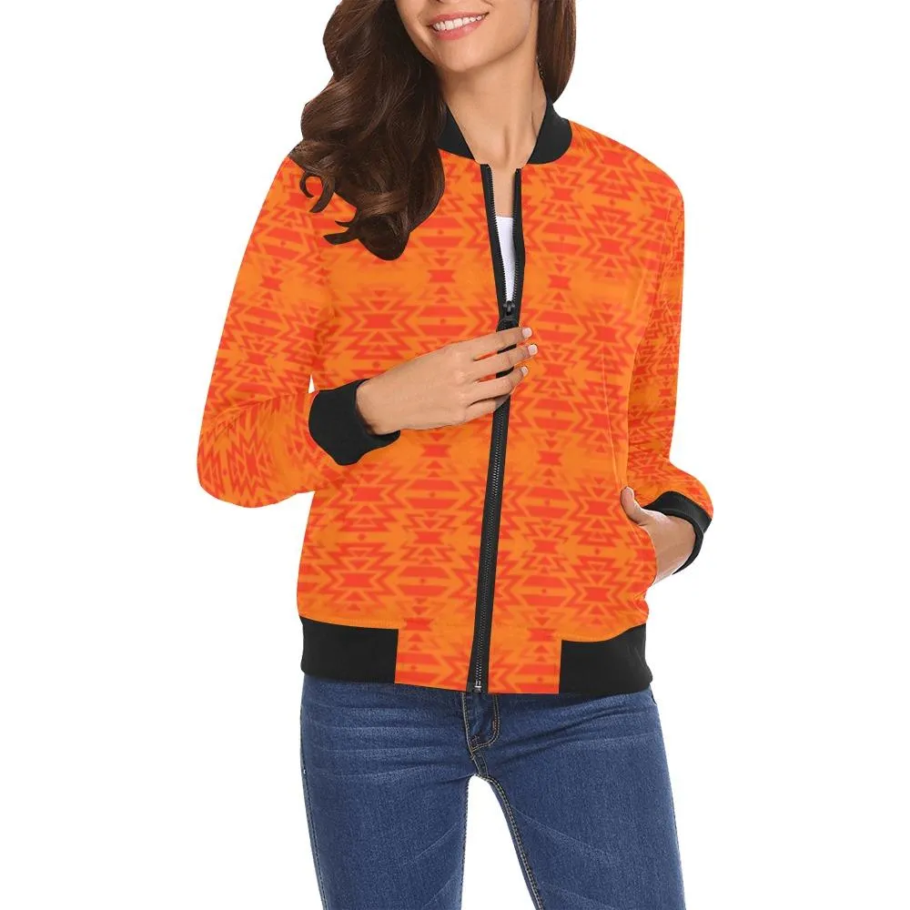 Fire Colors and Turquoise Orange A feather for each Bomber Jacket for Women