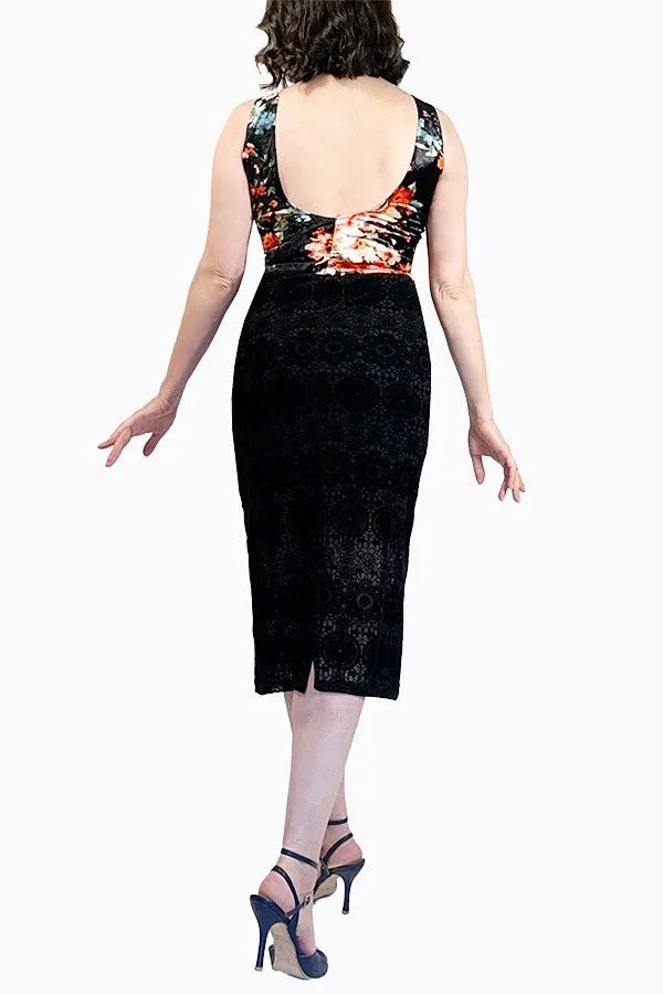 floral & black velvet tango dress with back slit