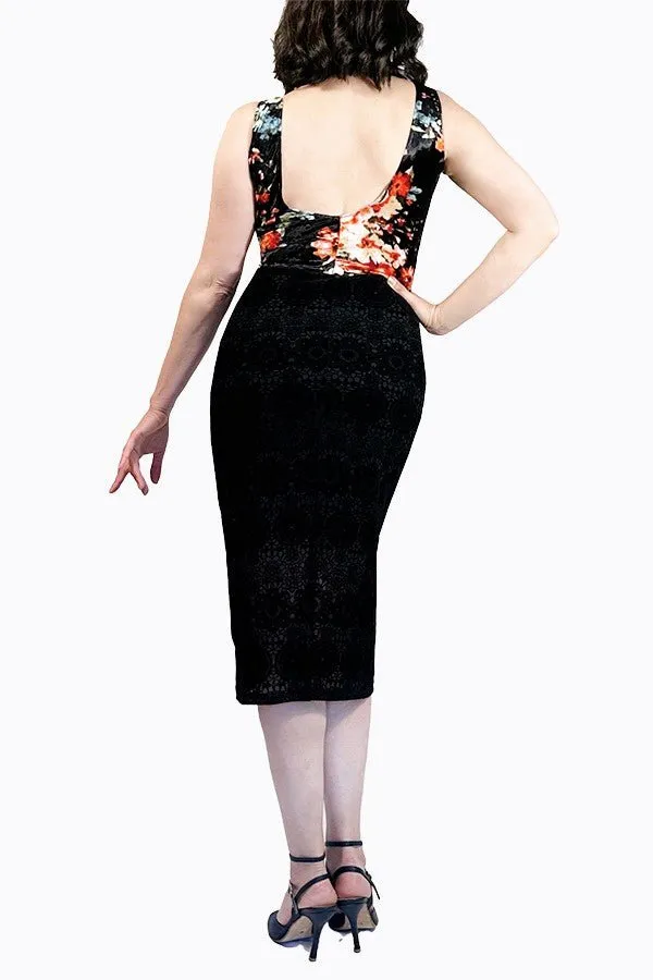 floral & black velvet tango dress with back slit