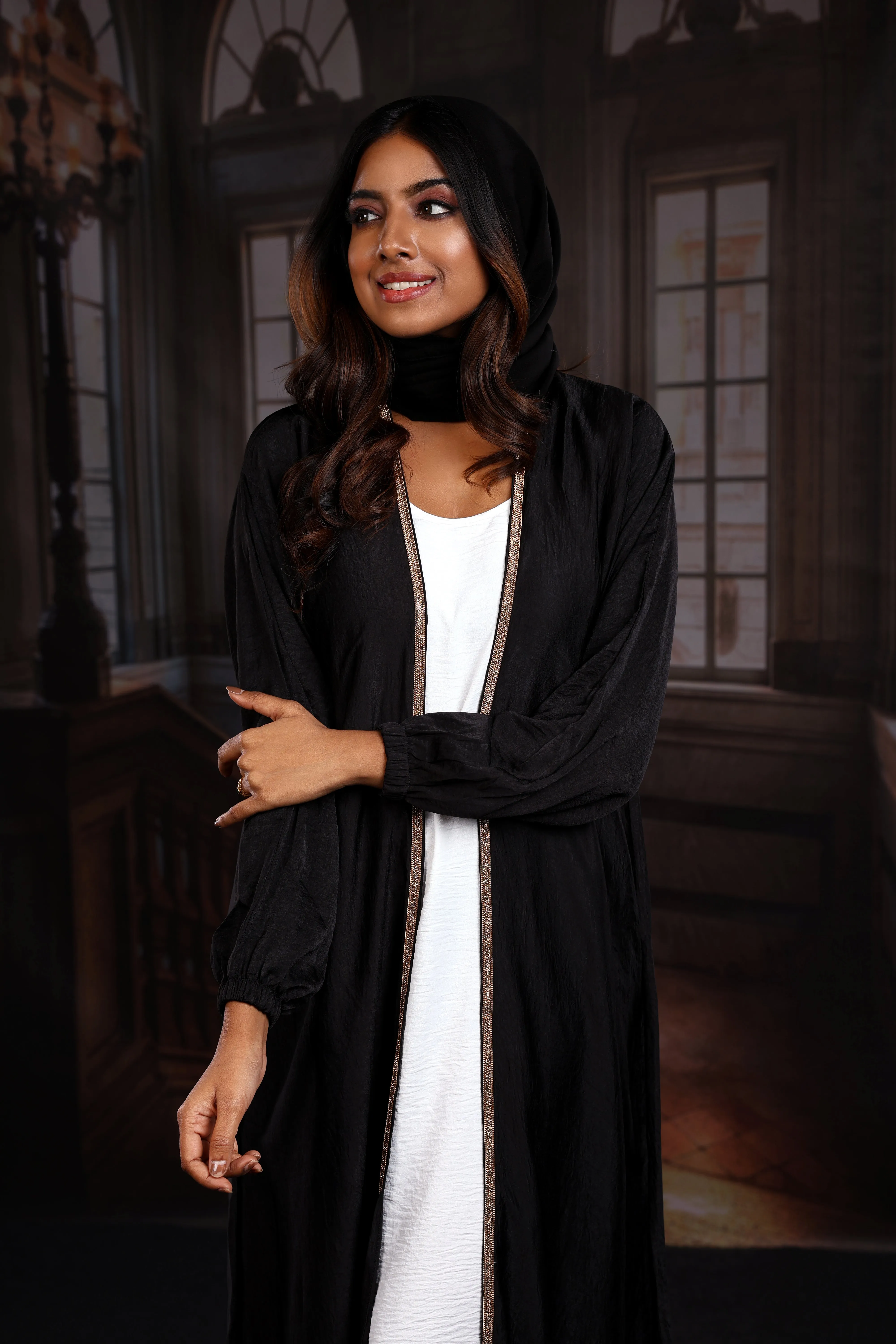 Haya Black with White Inner Luxury Exclusive Abaya Elastic Sleeves