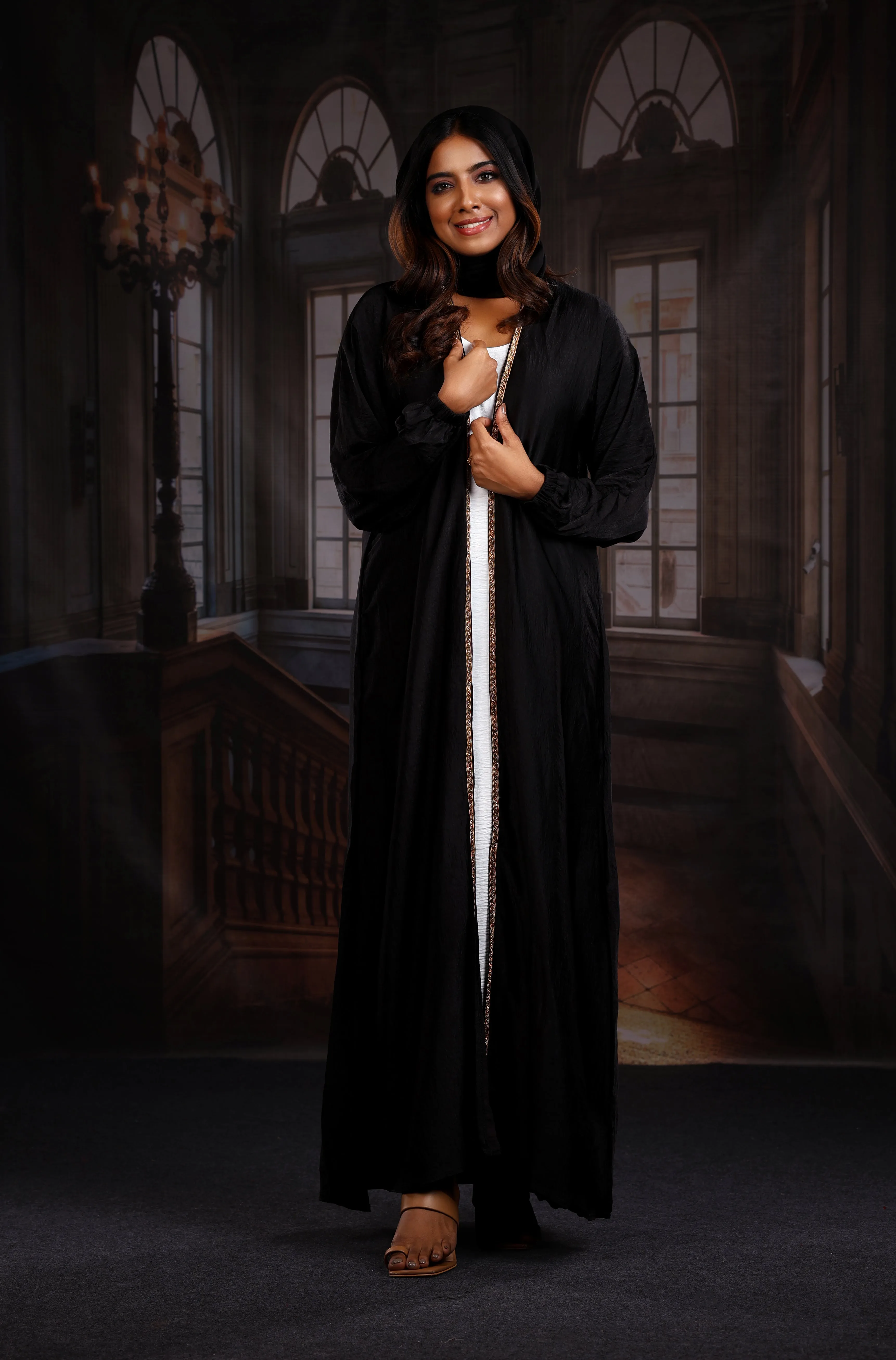 Haya Black with White Inner Luxury Exclusive Abaya Elastic Sleeves