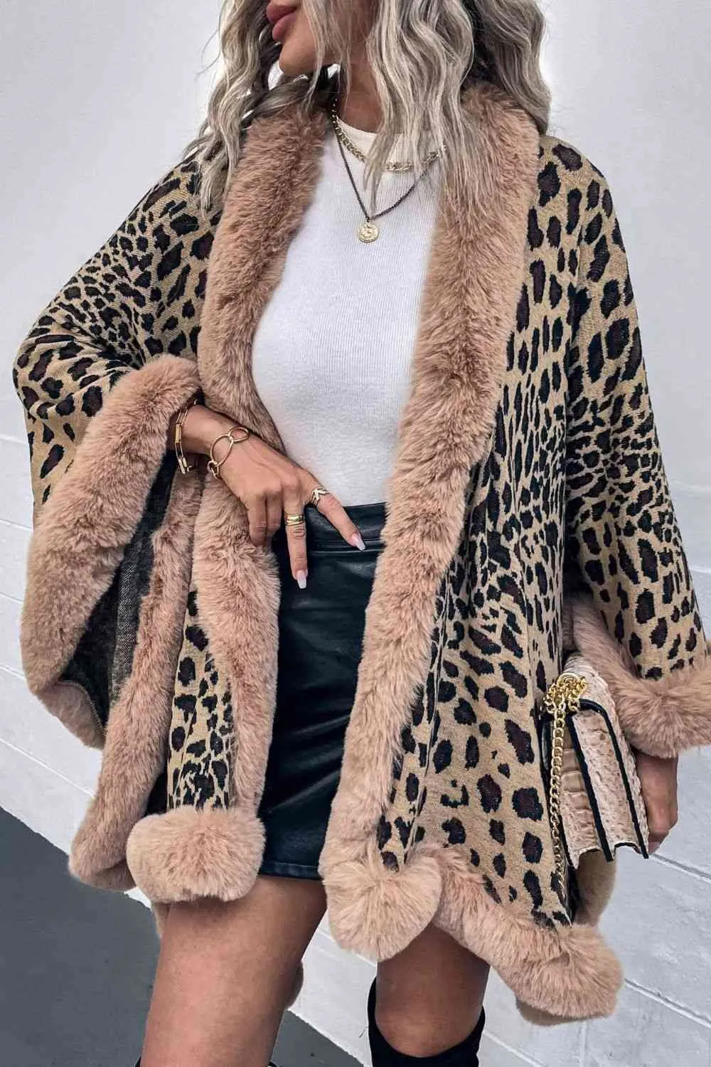 Large Leopard Plush Faux Fur Heavy Cardigan Oversized Sweater Poncho Jacket