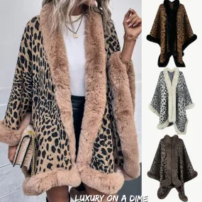 Large Leopard Plush Faux Fur Heavy Cardigan Oversized Sweater Poncho Jacket
