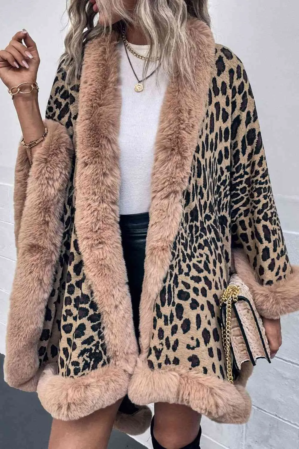 Large Leopard Plush Faux Fur Heavy Cardigan Oversized Sweater Poncho Jacket