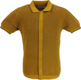 Madcap England Mens Yellow Retro Waffle Knitted Polo Cardigan