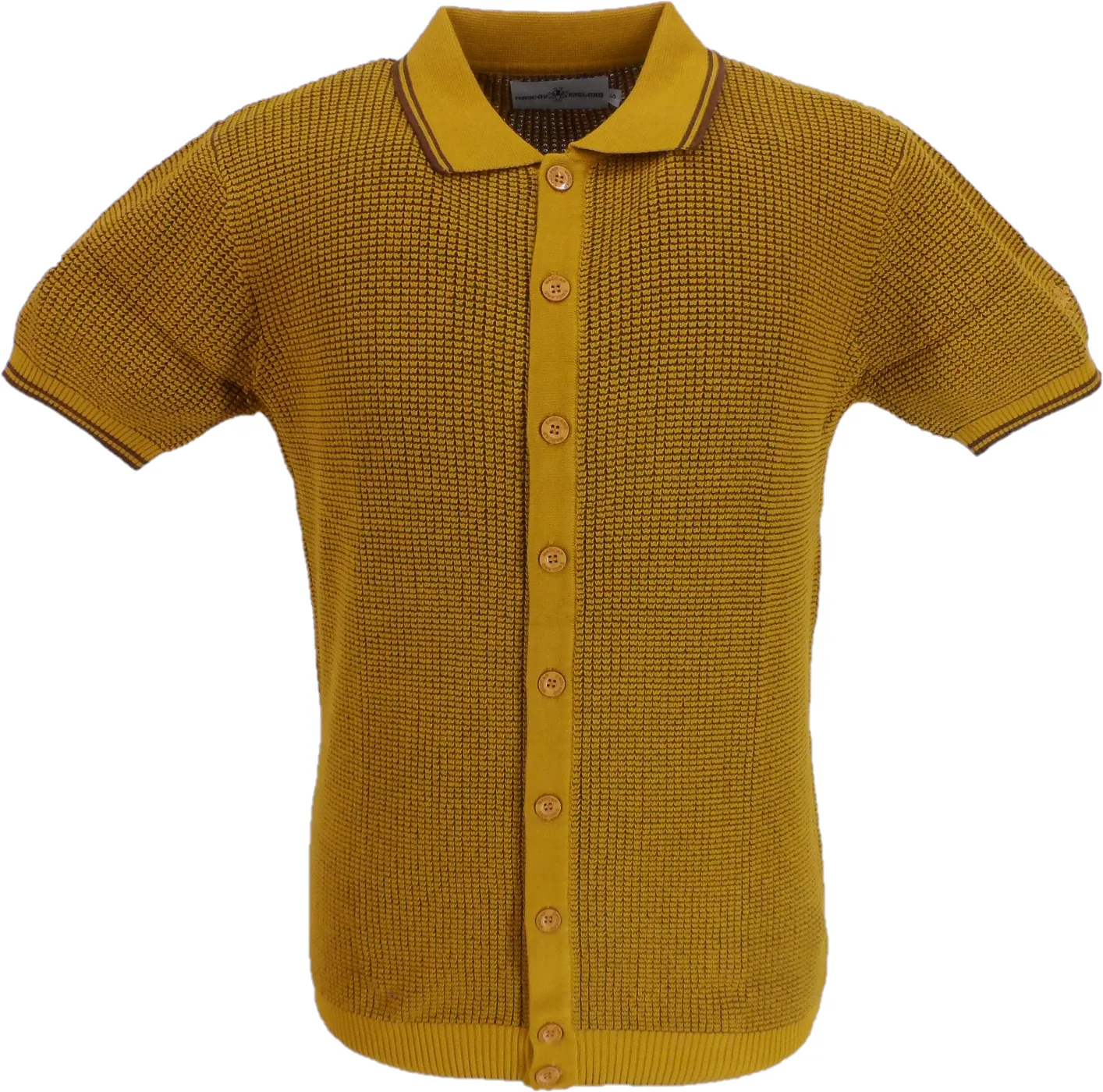 Madcap England Mens Yellow Retro Waffle Knitted Polo Cardigan