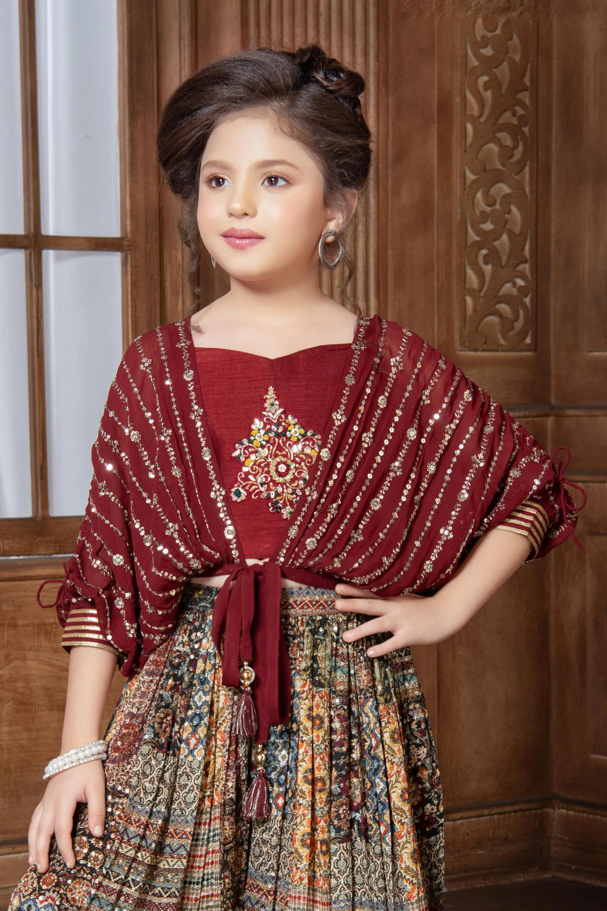 Maroon with Multicolor Digital Print Poncho Styled Palazzo Set for Girls
