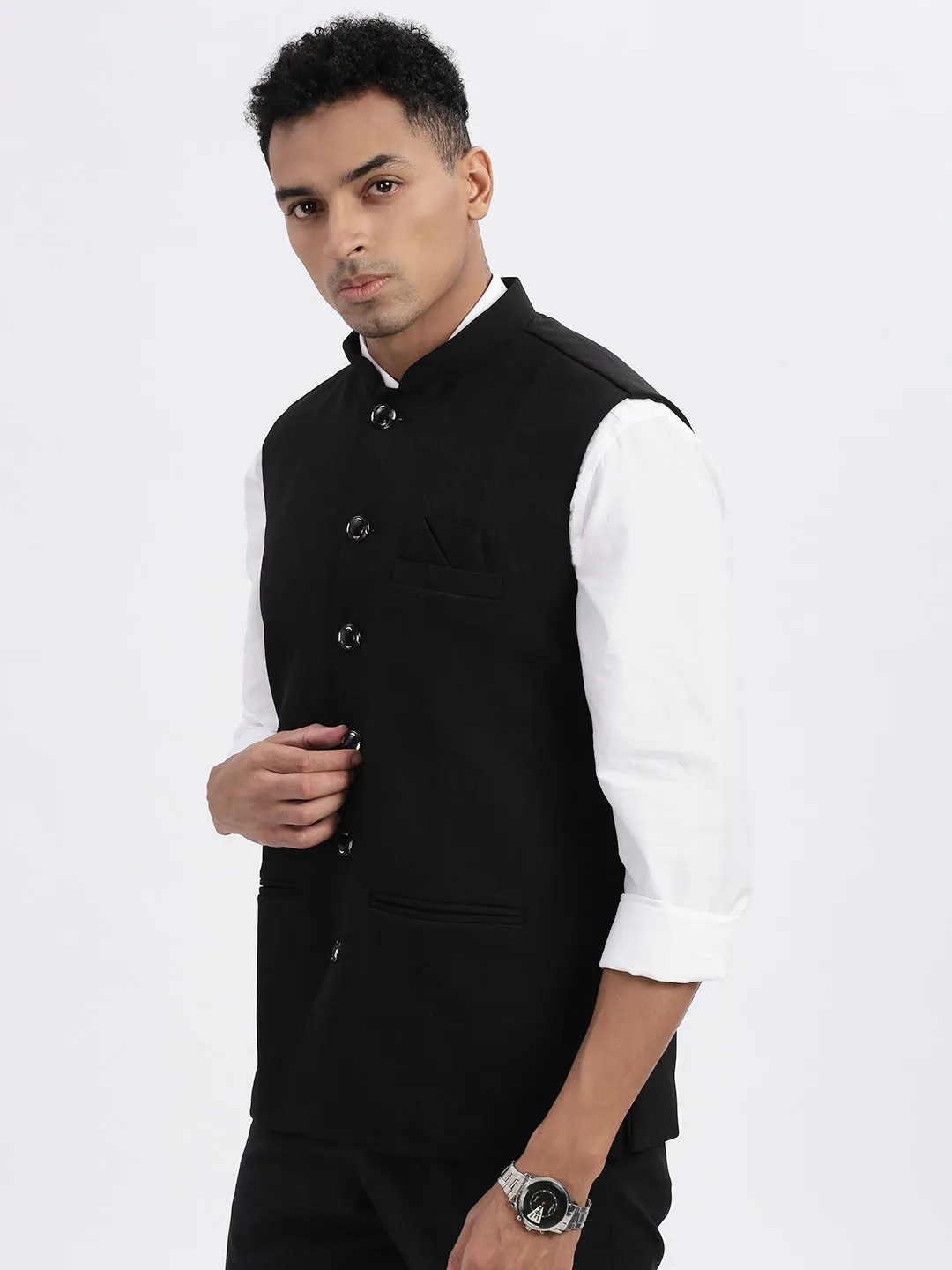 Men Black Solid Nehru Jacket