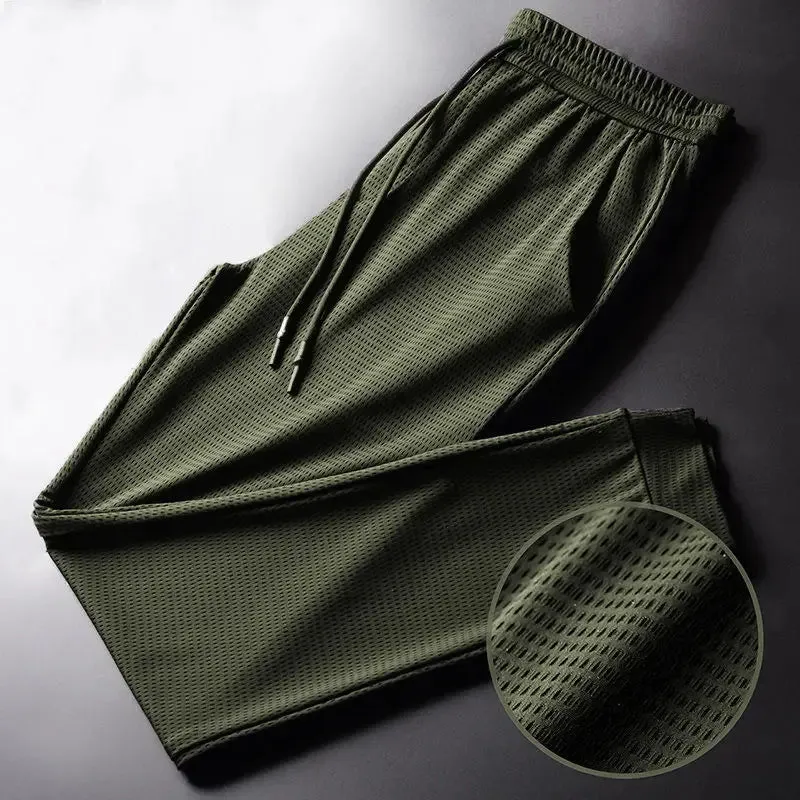 Men'S Ice Silk Pants Mesh Breathable Summer Casual Thin Quick Dry Pants Loose Elastic Beam Feet Pants Sports Fitness Trousers