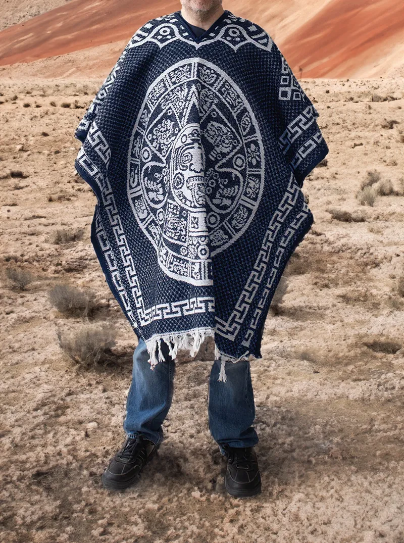 Mexican Poncho for Men - Aztek Calendar - BLUE