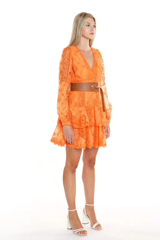 Orange Lace Mini Dress With Faux Leather Belt