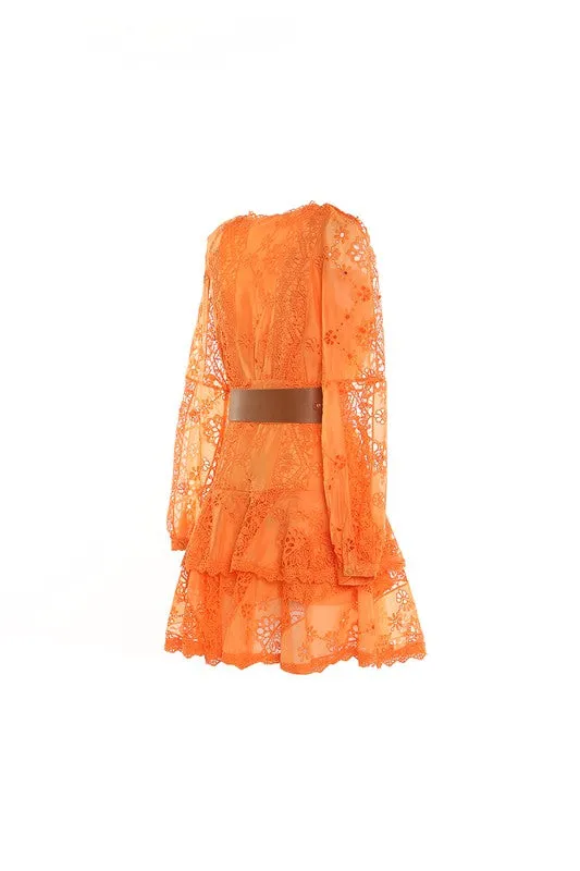 Orange Lace Mini Dress With Faux Leather Belt