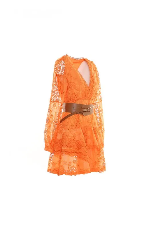 Orange Lace Mini Dress With Faux Leather Belt