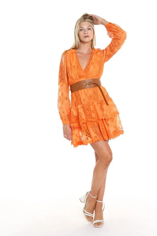 Orange Lace Mini Dress With Faux Leather Belt