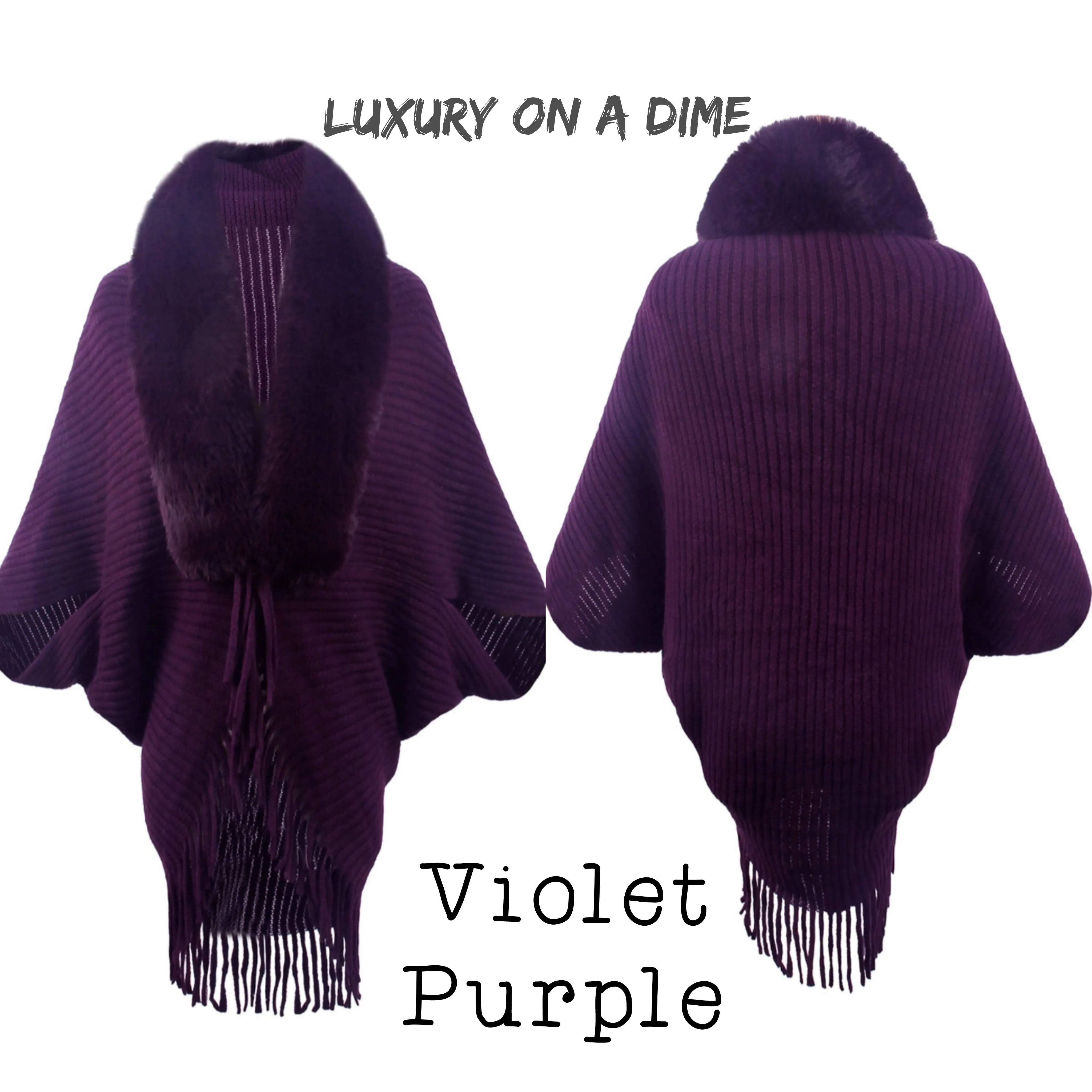 Plush Faux Fur Fringe Hem Oversized Open Front Knit Cardigan Poncho Jacket