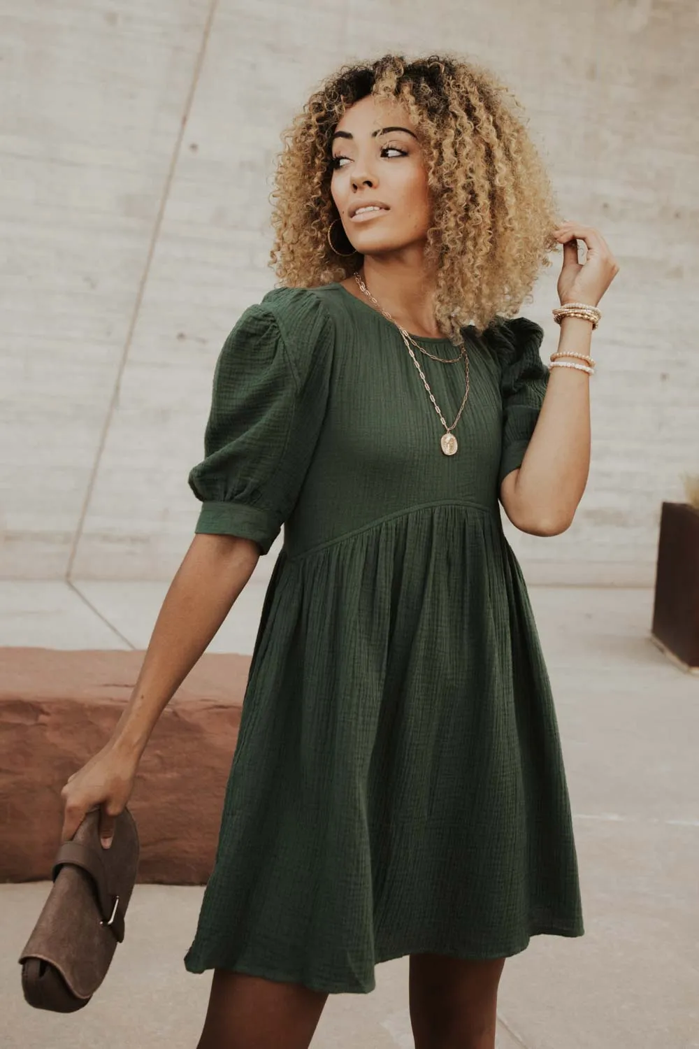 Puff Sleeve Babydoll Dress in Hunter Green