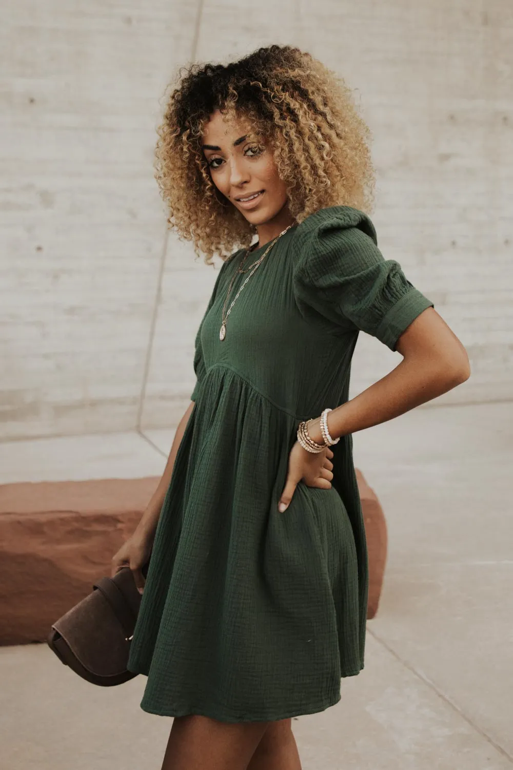 Puff Sleeve Babydoll Dress in Hunter Green