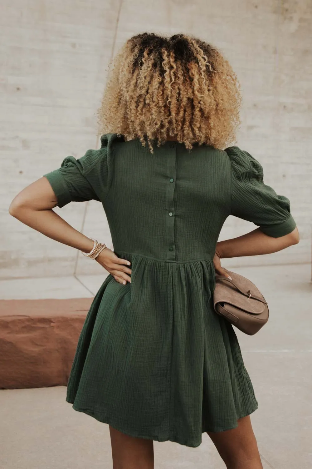 Puff Sleeve Babydoll Dress in Hunter Green