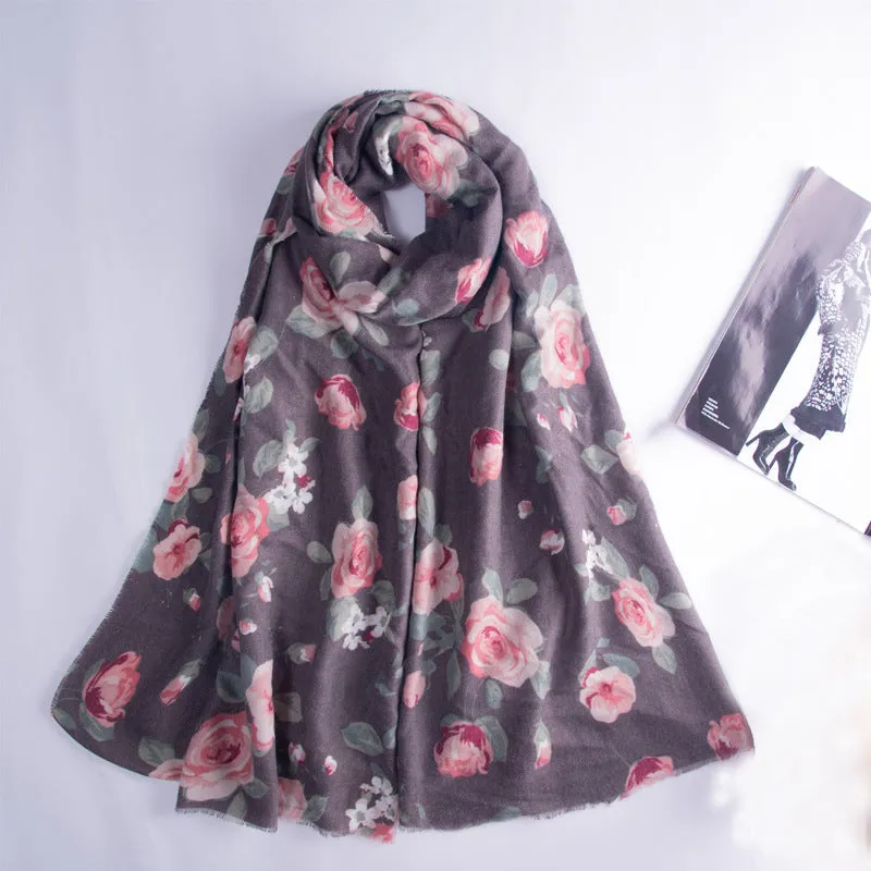 Retro ethnic rose print scarf autumn and winter ladies temperament imitation cashmere scarf