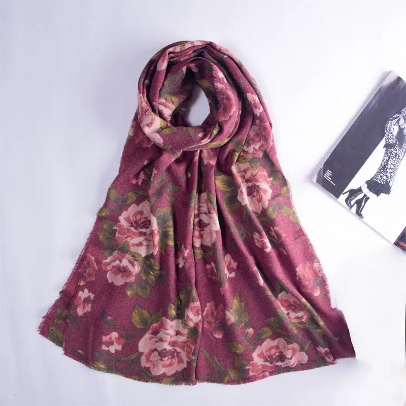 Retro ethnic rose print scarf autumn and winter ladies temperament imitation cashmere scarf