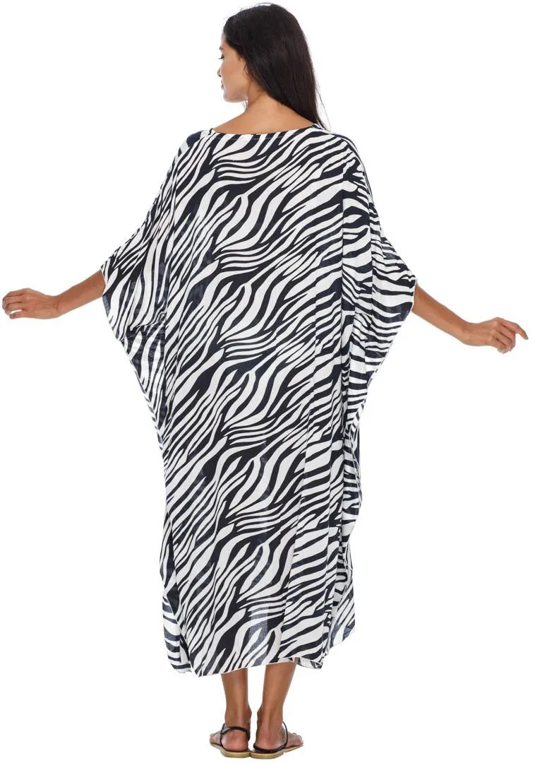 SHU-SHI Women's Long Beach Zebra Caftan Tunic Dress - Swimsuit Cover-Up Loose Poncho