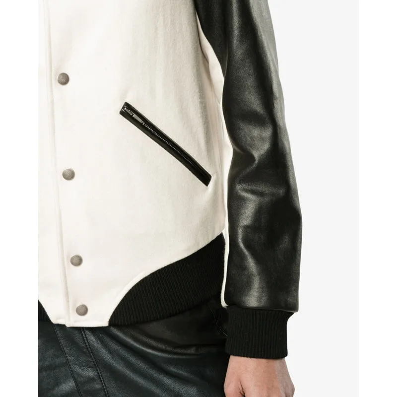 SZ 36 NEW $3,870 SAINT LAURENT Woman's HEAVEN LEATHER SLEEVE Bomber TEDDY JACKET